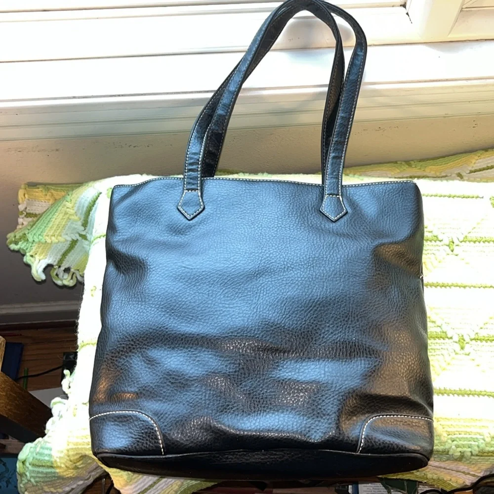 Black Liz Claiborne‎ Vegan Tote Satchel White Stitching Detail